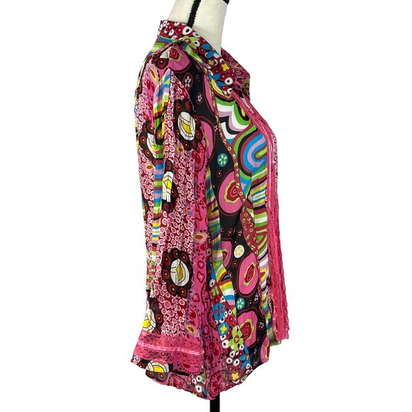 Violet & Claire X-Large Top Snap Front 3/4 Sleeve Boho Lace Geometric Pink Multi - Picture 6 of 9
